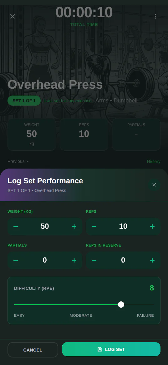 Musclog workout logging screen, where the reps actually get entered