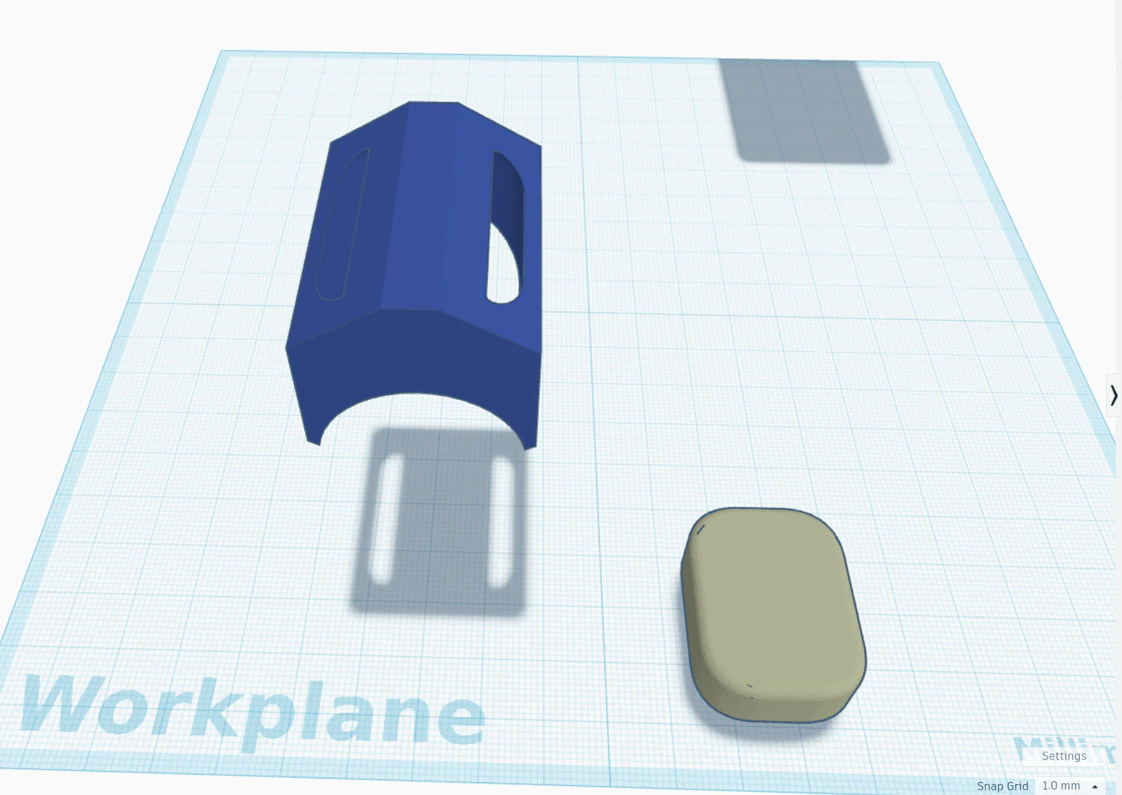 The case (blue) and the device model (tan) in Tinkercad