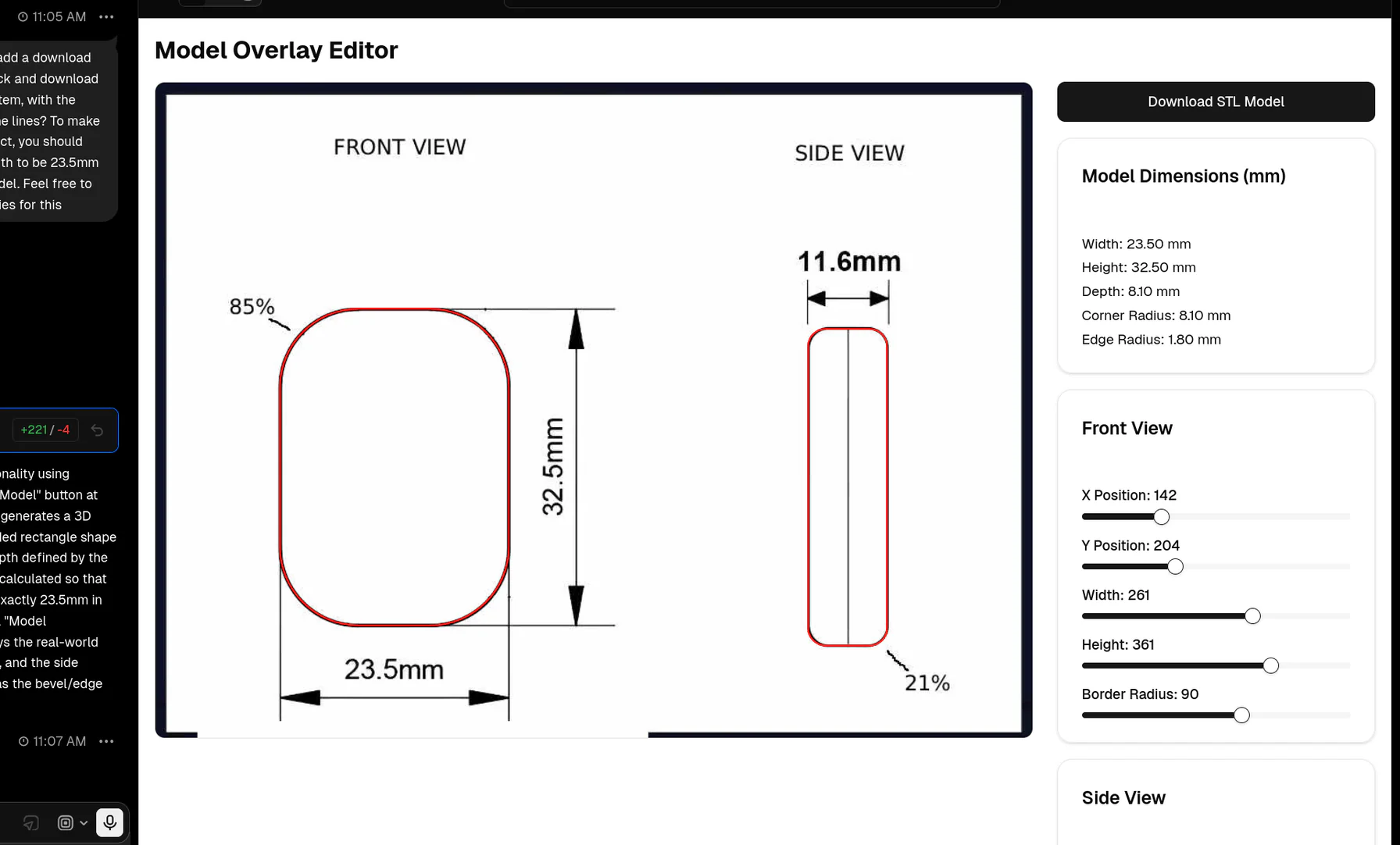 The v0-built overlay editor: drag sliders until the red outline matches the device photo, then download the STL