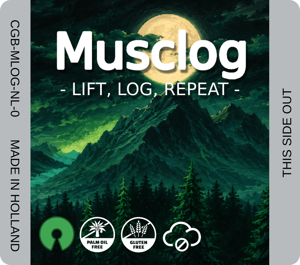 The cartridge label: CGB-MLOG-NL-0, made in Holland, gluten free, no cloud