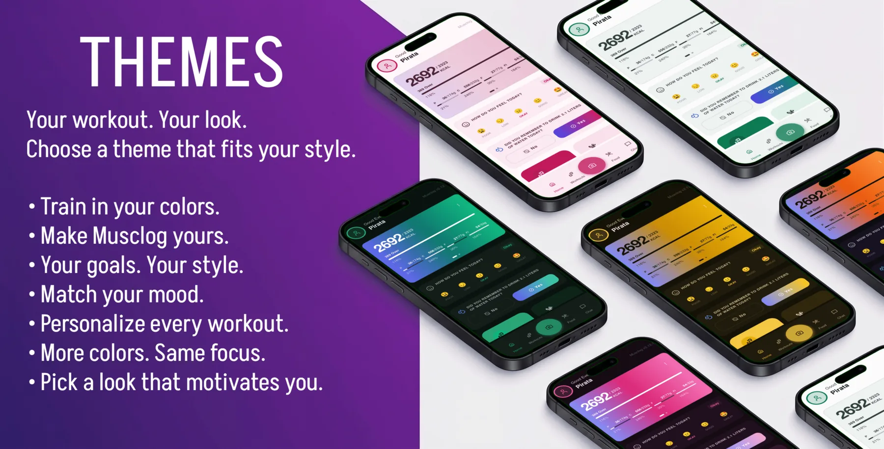 Musclog's home screen rendered in every named theme, from pale pink to deep emerald to electric yellow