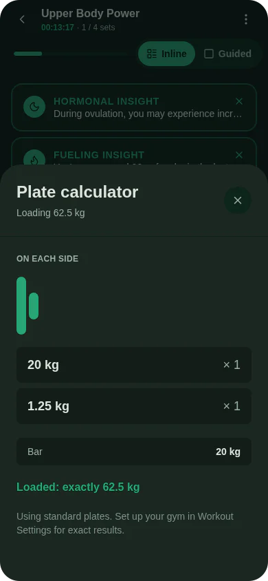 The plate calculator loading 62.5 kg: a 20 kg and a 1.25 kg plate on each side of a 20 kg bar, loaded exactly