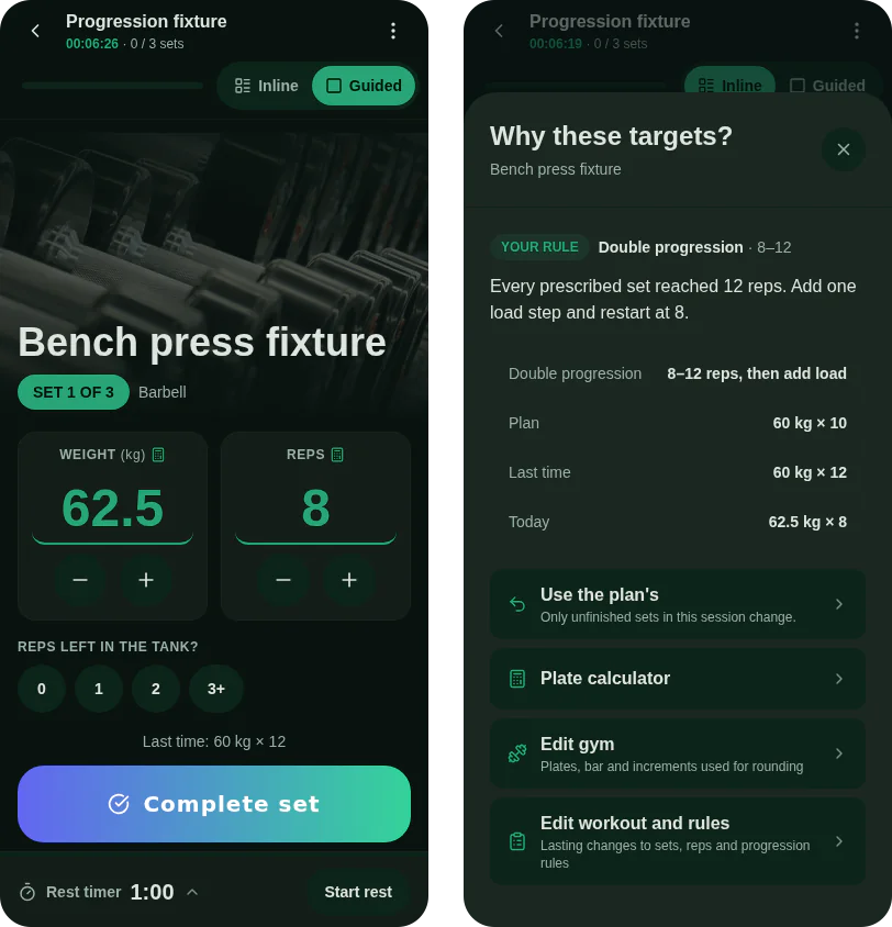 Left: the Guided view, with a small calculator icon on the weight and reps the app set. Right: tapping Why? shows the rule, the plan, last time and today side by side