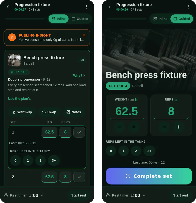 The same exercise in both views: Inline shows every set as a row with Last time, kg, reps and a check; Guided shows one set with large steppers over the exercise photo