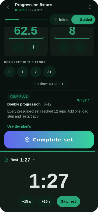 The expanded rest timer in the Guided view: a large countdown with −15 s, +15 s and Skip rest