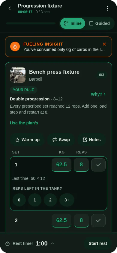 The current set in the Inline view, with a "Reps left in the tank?" row of 0, 1, 2 and 3+ right under it