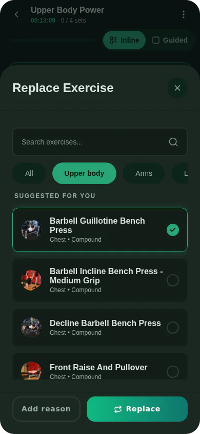 Replacing an exercise: other chest presses suggested first, with Replace and an optional Add reason