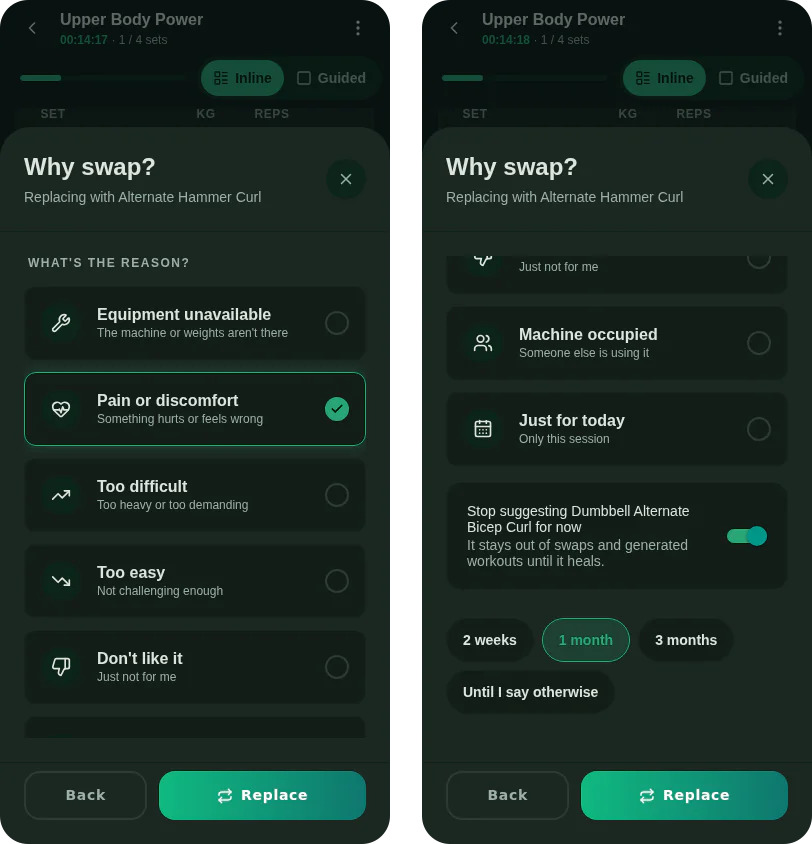 Why swap? with Pain or discomfort selected, then the switch to stop suggesting the exercise and how long for: 2 weeks, 1 month, 3 months, or until I say otherwise