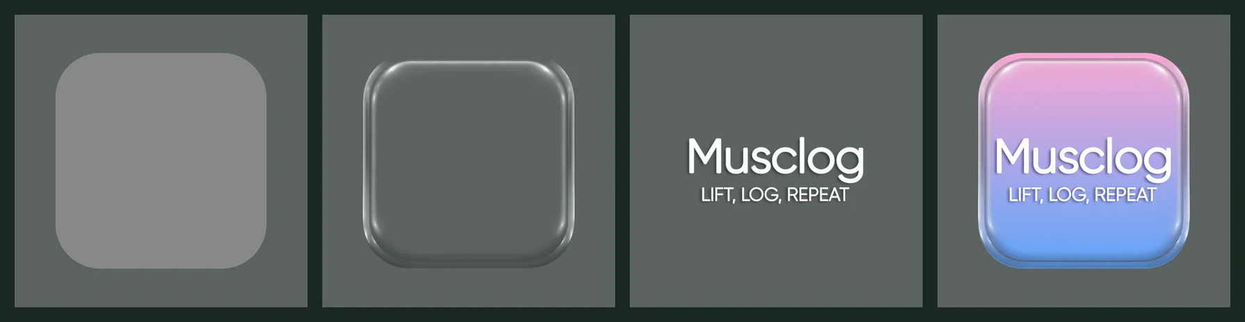 The three source layers and the result: a flat gray silhouette, the glass highlights and shadows, the white wordmark, and the composed Kinetic Shock icon