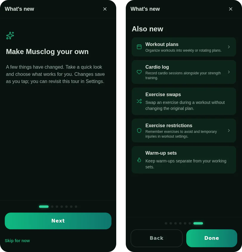 The first page of the tour, which says you can revisit it in Settings, and the last one: a list of everything else that is new, each row tappable
