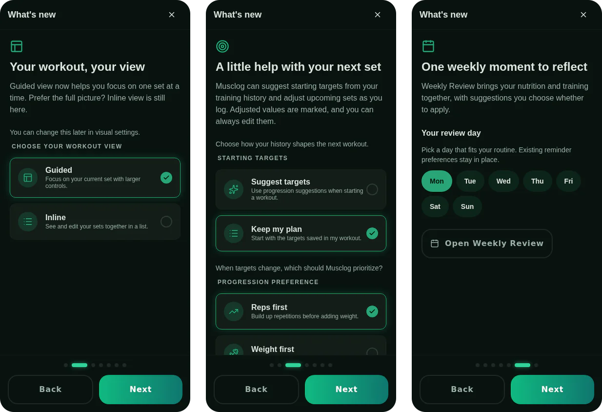 Three pages of the 2.13 tour: choosing the workout view, choosing how starting targets work, and picking a weekly review day