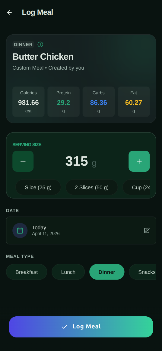 Musclog meal logging screenshot