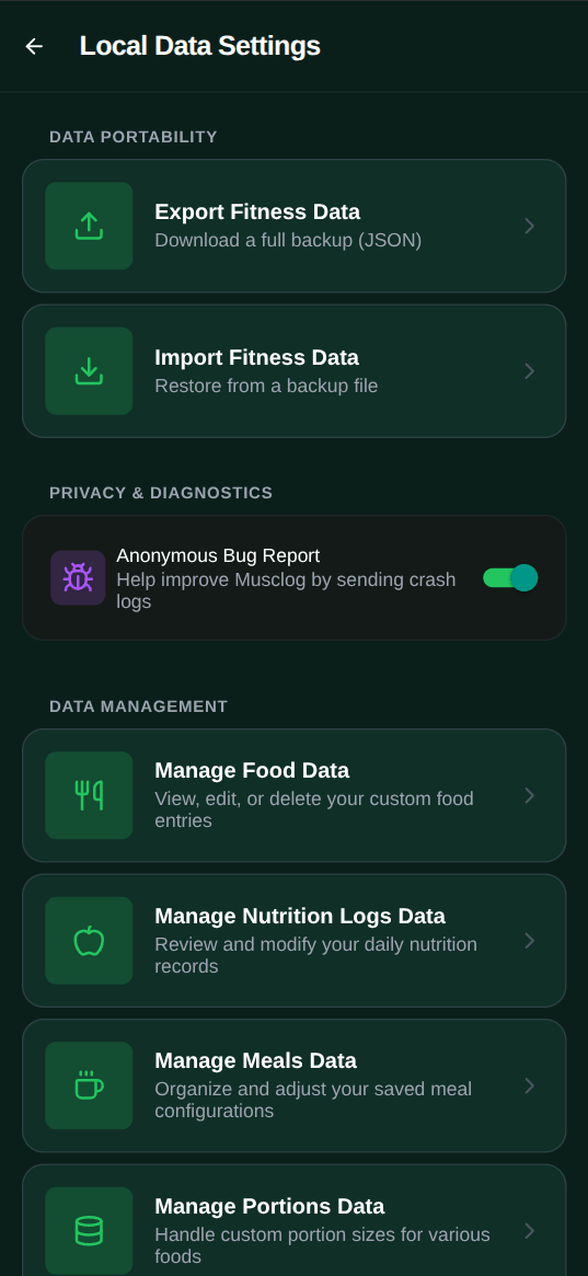 Musclog local data settings screenshot